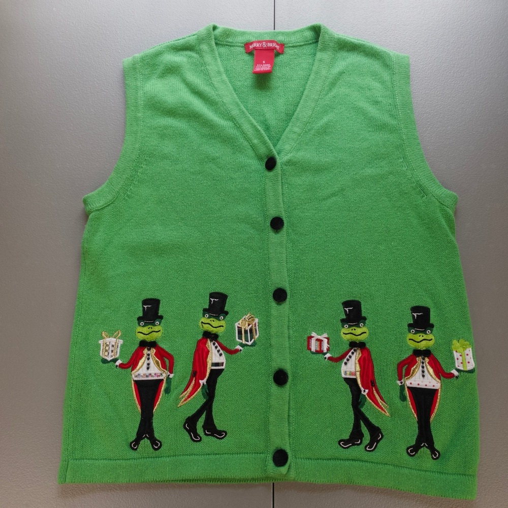 Merry & Bright Frog Dandy Embroidered Green Sweater Vest Women Small Ugly Xmas